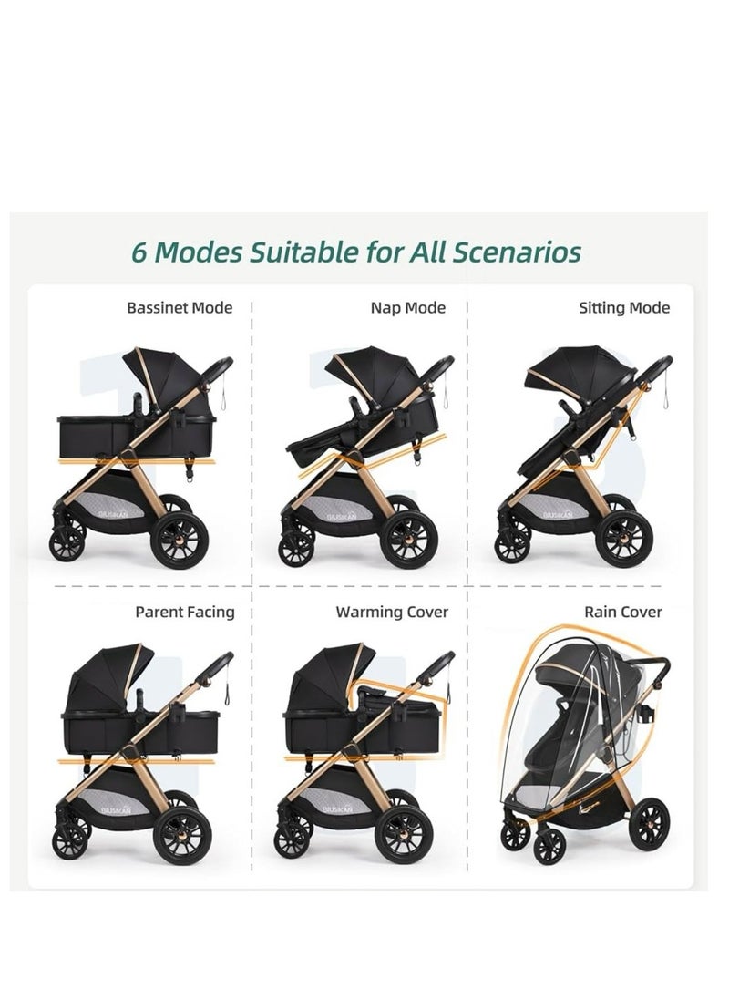 Generic 6-in-1 Convertible Baby Stroller with Bassinet Mode - Toddler Stroller w/Footmuff, Rain Cover, Cup Holder & Large Storage, Travel Stroller w/All-Scene Large Wheels, Reversible Seat(Black)  - Image 3
