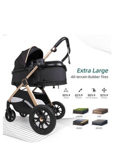 Generic 6-in-1 Convertible Baby Stroller with Bassinet Mode - Toddler Stroller w/Footmuff, Rain Cover, Cup Holder & Large Storage, Travel Stroller w/All-Scene Large Wheels, Reversible Seat(Black)  - Image 5