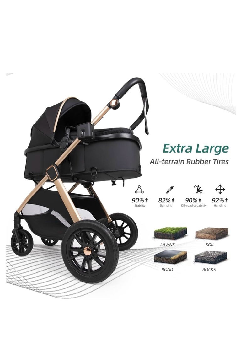 Generic 6-in-1 Convertible Baby Stroller with Bassinet Mode - Toddler Stroller w/Footmuff, Rain Cover, Cup Holder & Large Storage, Travel Stroller w/All-Scene Large Wheels, Reversible Seat(Black)  - Image 5