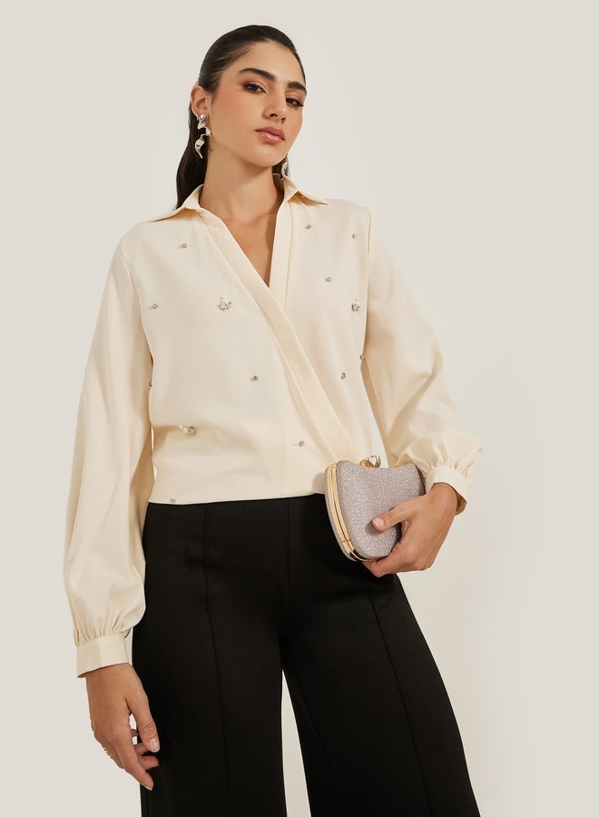 ستايلي بلوزة ملفوفة بقصة عادية مزينة - Image 1