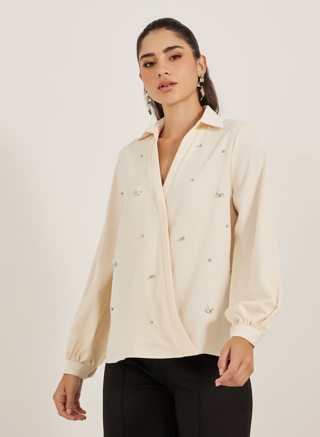 ستايلي بلوزة ملفوفة بقصة عادية مزينة - Image 3