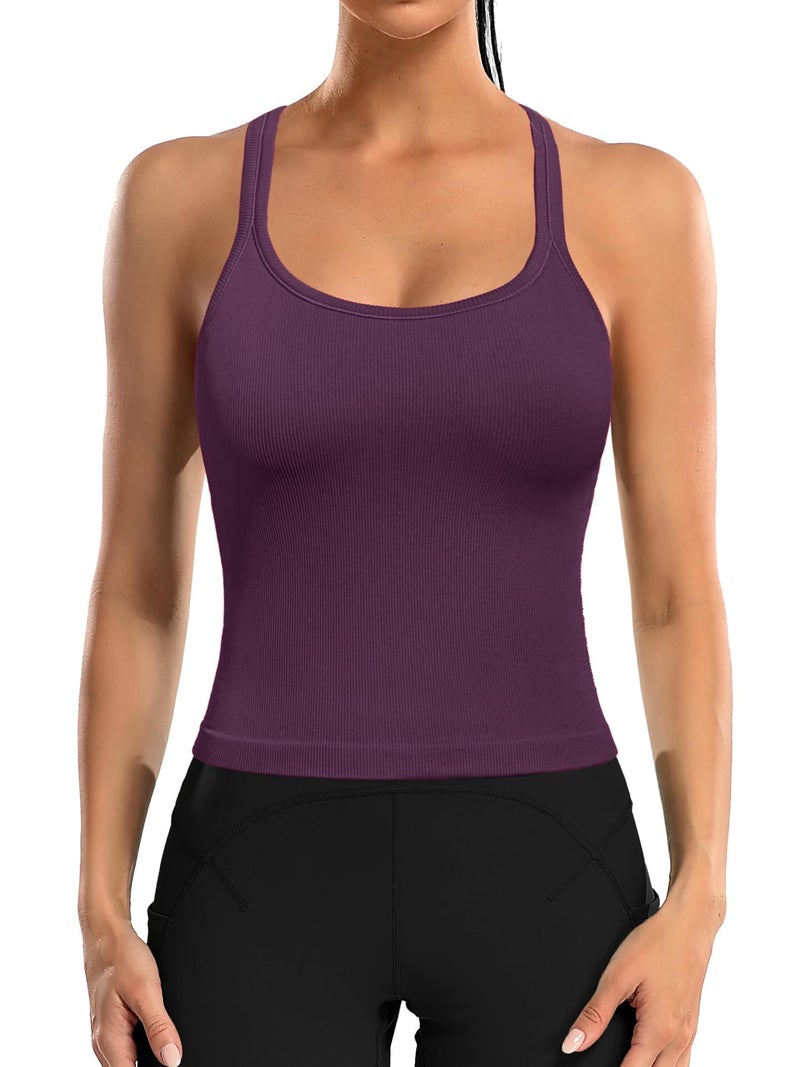 ATTRACO Athletic Ribbed Tank Tops with Built Bra Scoop Neck Sports Bra Workout Top Dark Purple M - Image 2