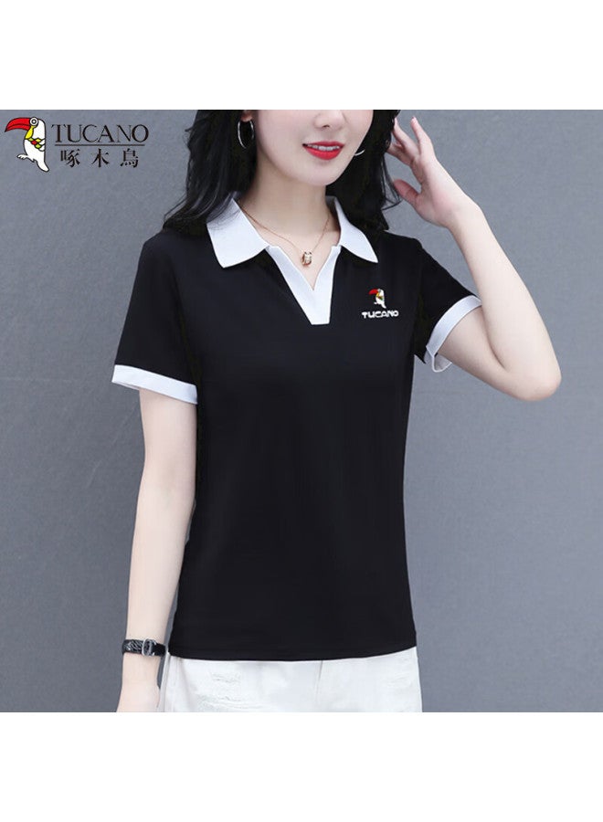 Tucano Ice Silk Regular Shoulder Lapel Short Sleeve T-shirt Women's Polo Shirt Summer Slimming Elegant Mother's Wear Top, Purple, 4XL