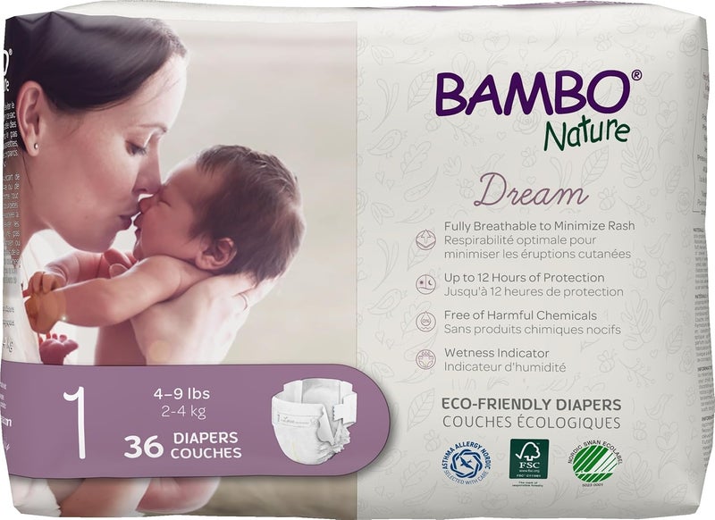 BAMBO NATURE حفاضات بامبو ناتشر المتميزة للأطفال عبوة فرنسية إنجليزية الحجم 1 36 قطعة - Image 1