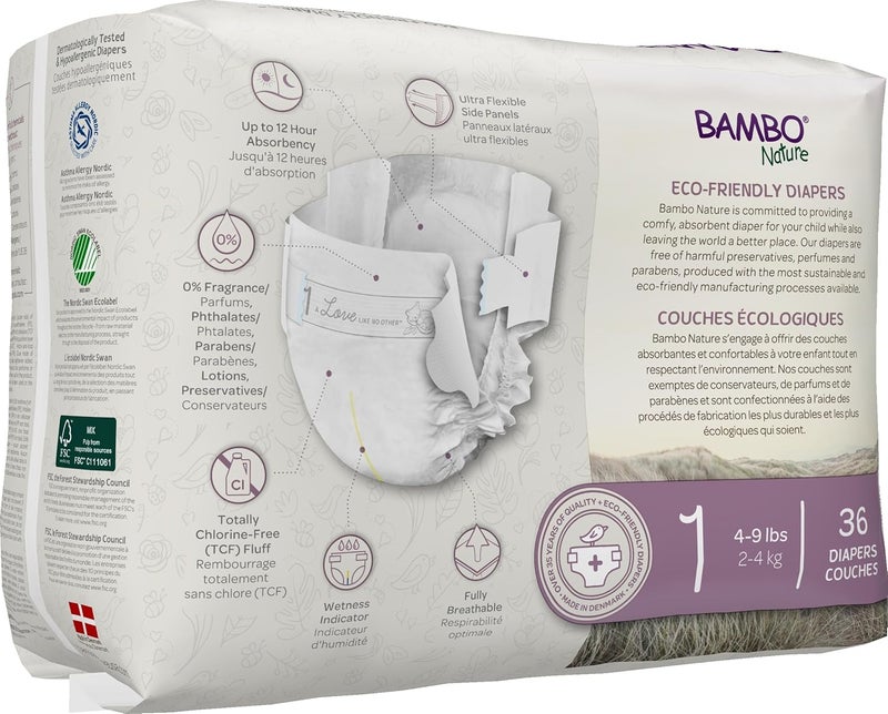 BAMBO NATURE حفاضات بامبو ناتشر المتميزة للأطفال عبوة فرنسية إنجليزية الحجم 1 36 قطعة - Image 3