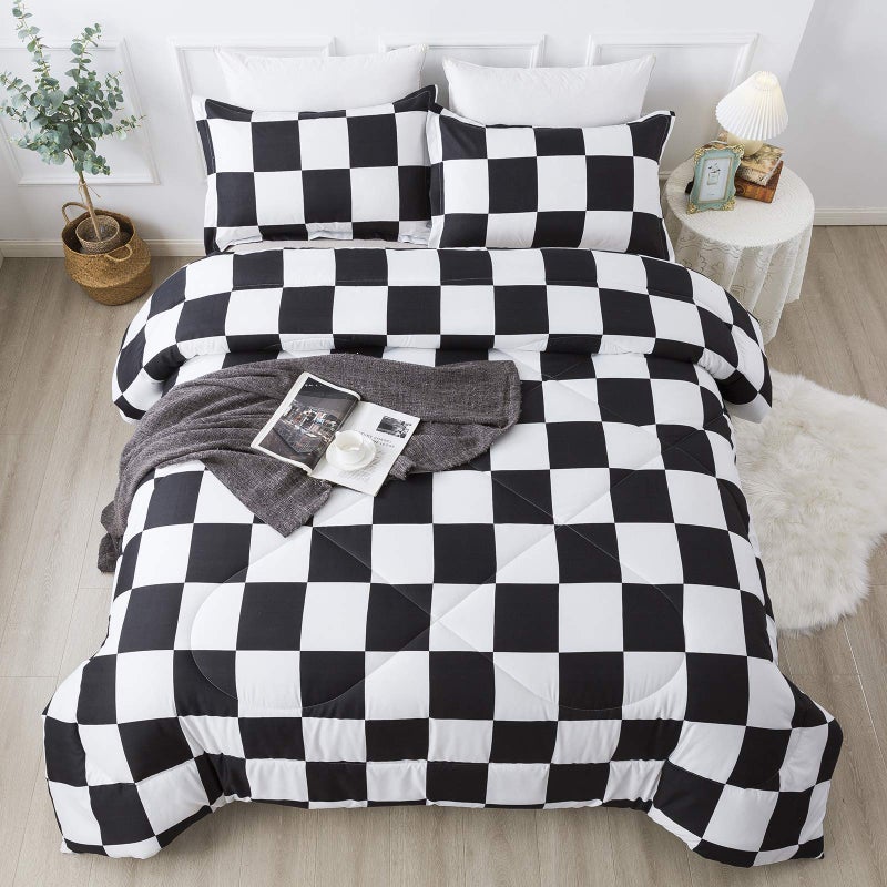 Andency Checkered Comforter Queen90x90Inch Black White Plaid Gingham Bed Set for Teen Boys Kids Lightweight Microfiber Geometric Preppy Bedding2 Pieces
