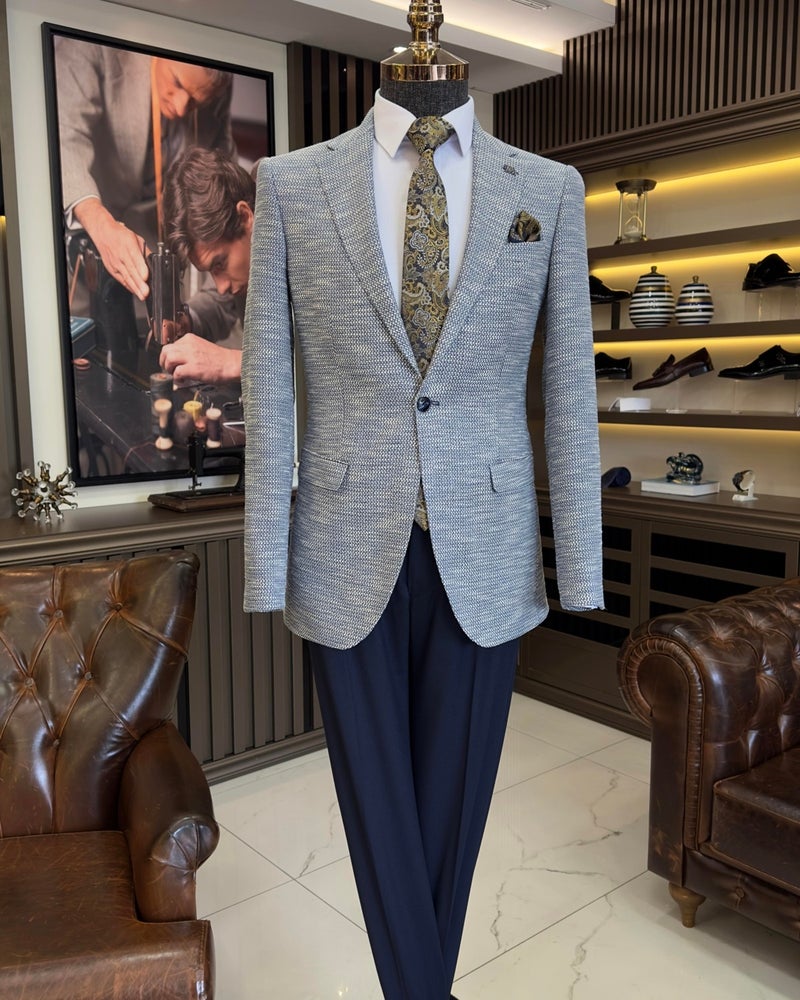 Terzi Adem Altun Terziademaltun Italian Style Slim Fit Mono Collar Men's Jacket Blue T11015 - Image 1
