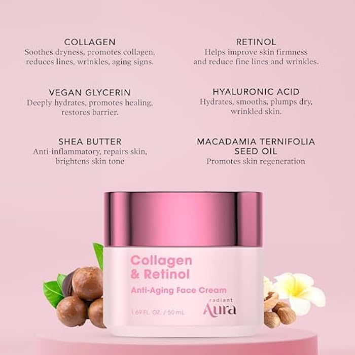 Radiant Aura Collagen & Retinol Face Cream - Dermatologist Tested Korean Anti-Aging Moisturizer for Smoothing & Firming - Premium Formula for Wrinkle Care & Skin Rejuvenation - 1.67 fl oz - Image 4