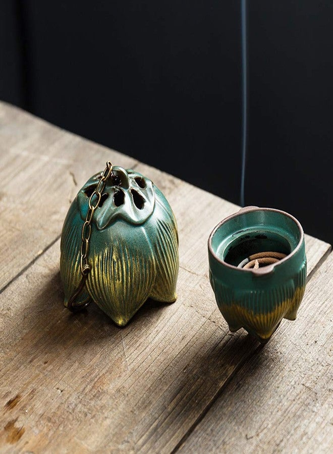 Primst Lotus Furnace Hollow Hanging Ball Incense Burner, Ceramic Backflow Incense Cones and Incense Coil Holder for Home Office Ornament Decoration - Image 2