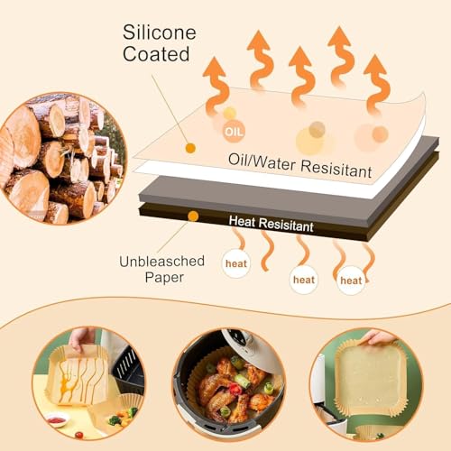Marve 100Pcs Air Fryer Paper Liners,Parchment Paper, Air Fryer Disposable Paper Liner for Microwave, Non-Stick Air Fryer Liners Square Free of Bleach (100) - Image 3