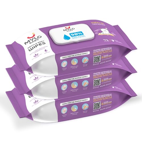 Mylo Gentle Baby Wipes with Lid (72 Wipes x 3 Pack - 216 Water Wipes) | Natural Wet Wipes with Organic Coconut Oil & Neem| Cotton Cloth with Extra Thick - Image 1