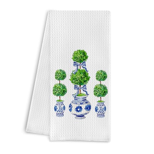Qpenm Blue and White Porcelain Chinoiserie Towels, Green Topiary Tree Dish Towels for Kitchen, Hand Towels for Bathroom, 16x24 Inches - Image 1
