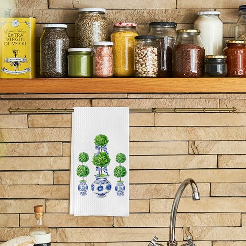 Qpenm Blue and White Porcelain Chinoiserie Towels, Green Topiary Tree Dish Towels for Kitchen, Hand Towels for Bathroom, 16x24 Inches - Image 2