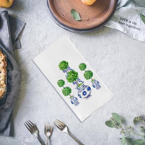 Qpenm Blue and White Porcelain Chinoiserie Towels, Green Topiary Tree Dish Towels for Kitchen, Hand Towels for Bathroom, 16x24 Inches - Image 4
