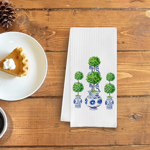 Qpenm Blue and White Porcelain Chinoiserie Towels, Green Topiary Tree Dish Towels for Kitchen, Hand Towels for Bathroom, 16x24 Inches - Image 3