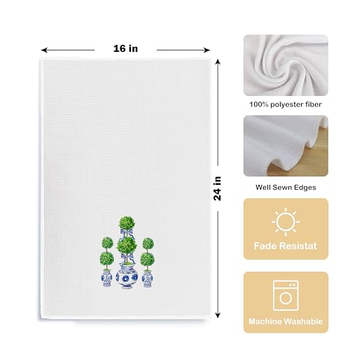 Qpenm Blue and White Porcelain Chinoiserie Towels, Green Topiary Tree Dish Towels for Kitchen, Hand Towels for Bathroom, 16x24 Inches - Image 5