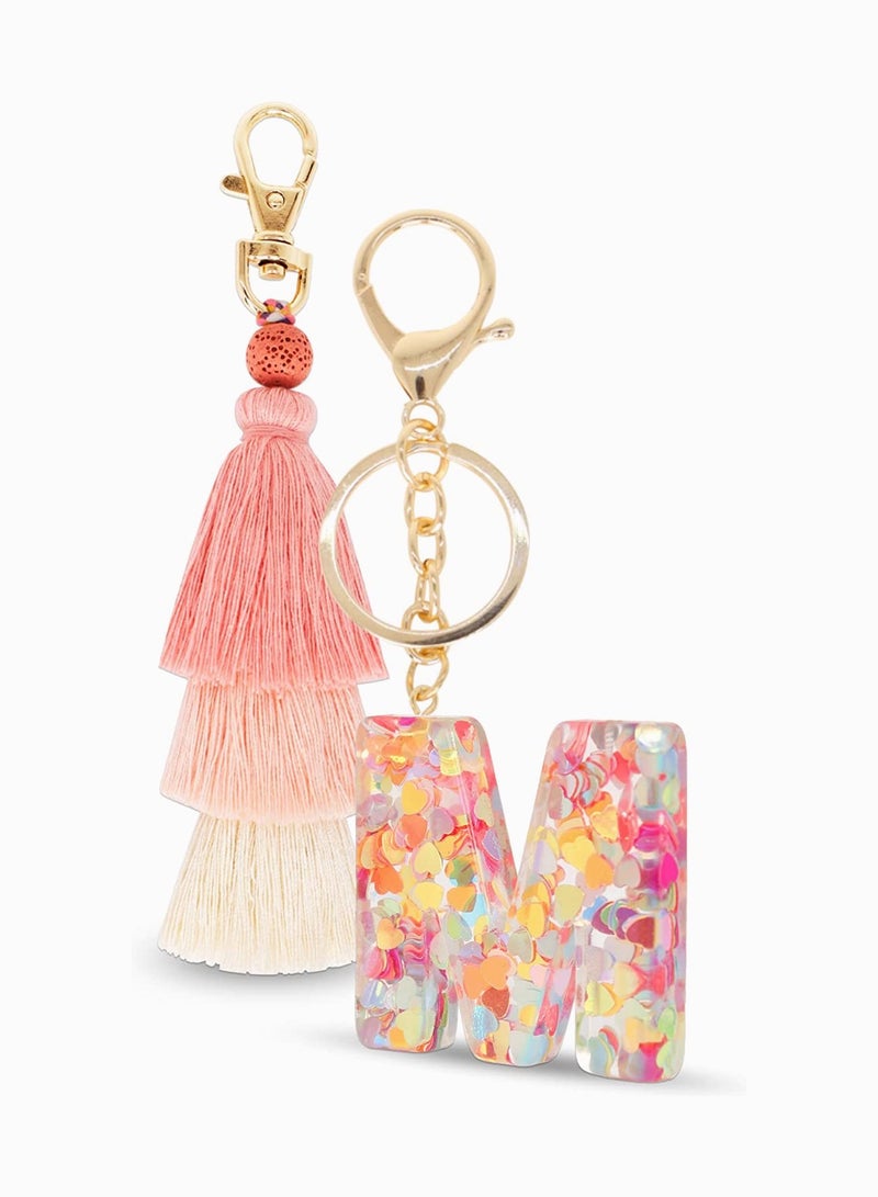 Zikra Tassel Key Ring and Letter Keychain, 2pcs Boho Key Ring Bag Pendant Hand-woven Retro Volcanic Stone Keychain Pendant for Purse Handbags Women Girl, Alphabet Heart Sequin Keychain (Random Color) - Image 1