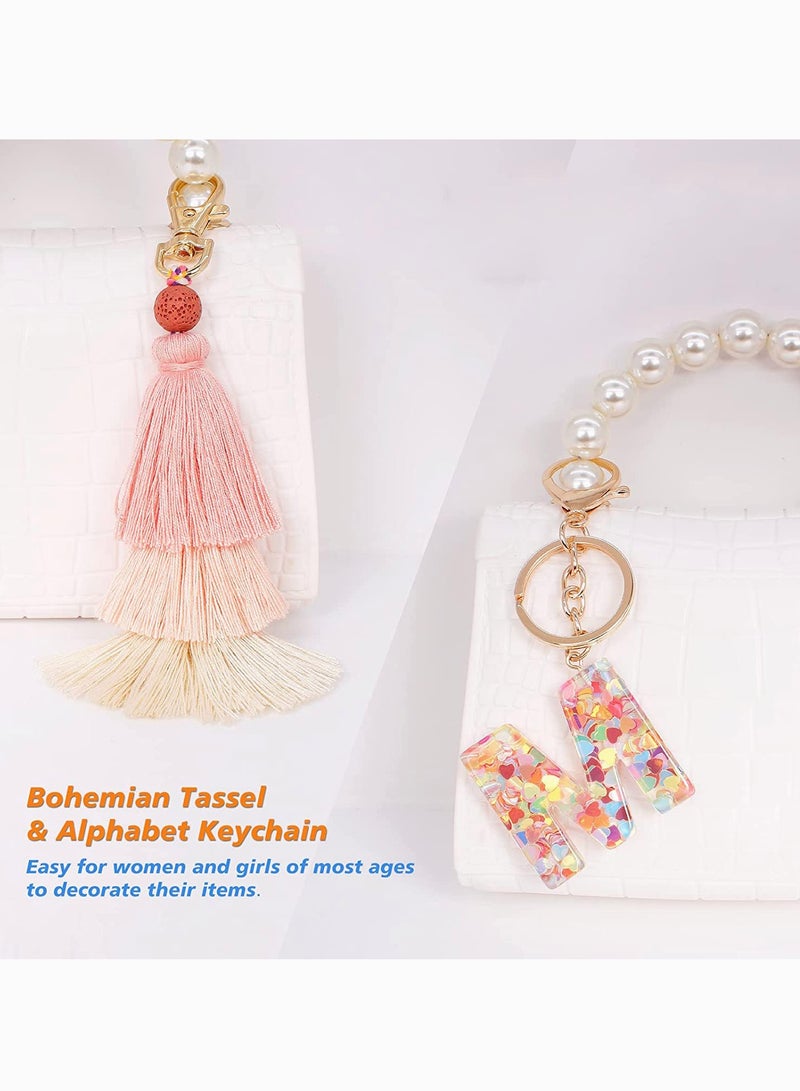 Zikra Tassel Key Ring and Letter Keychain, 2pcs Boho Key Ring Bag Pendant Hand-woven Retro Volcanic Stone Keychain Pendant for Purse Handbags Women Girl, Alphabet Heart Sequin Keychain (Random Color) - Image 4