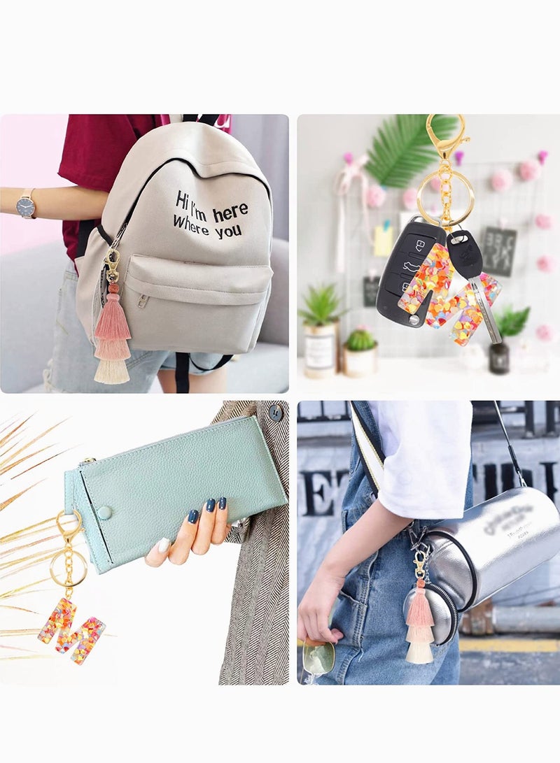 Zikra Tassel Key Ring and Letter Keychain, 2pcs Boho Key Ring Bag Pendant Hand-woven Retro Volcanic Stone Keychain Pendant for Purse Handbags Women Girl, Alphabet Heart Sequin Keychain (Random Color) - Image 5