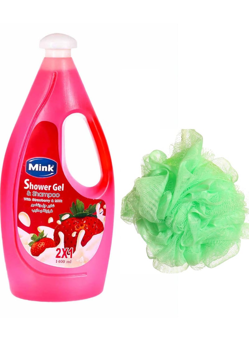 Mink - Mink Shower Gel & Shampoo With Strawberry & Milk 2*1 - 1400 Ml  +  Bath Loofah Multi Color - Image 1