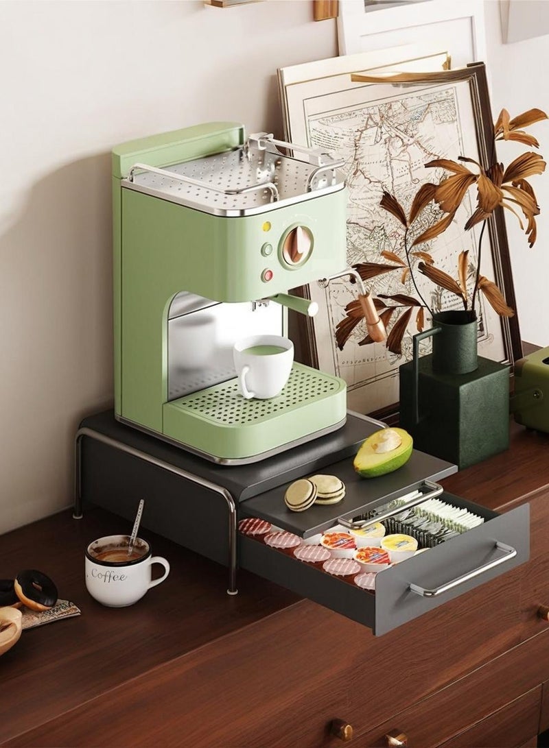 والالا حامل كبسولات قهوة قابل للتمدد مع منصة تخزين - مع سطح عمل، ودرج لأكياس الشاي، والشراب - منظم سطح الطاولة الموفر للمساحة (أسود) - Image 1