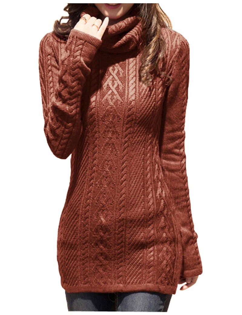 v28 Women Polo Neck Turtleneck Knit Stretchable Elasticity Long Slim Sweater (S,Cinnamon) - Image 1