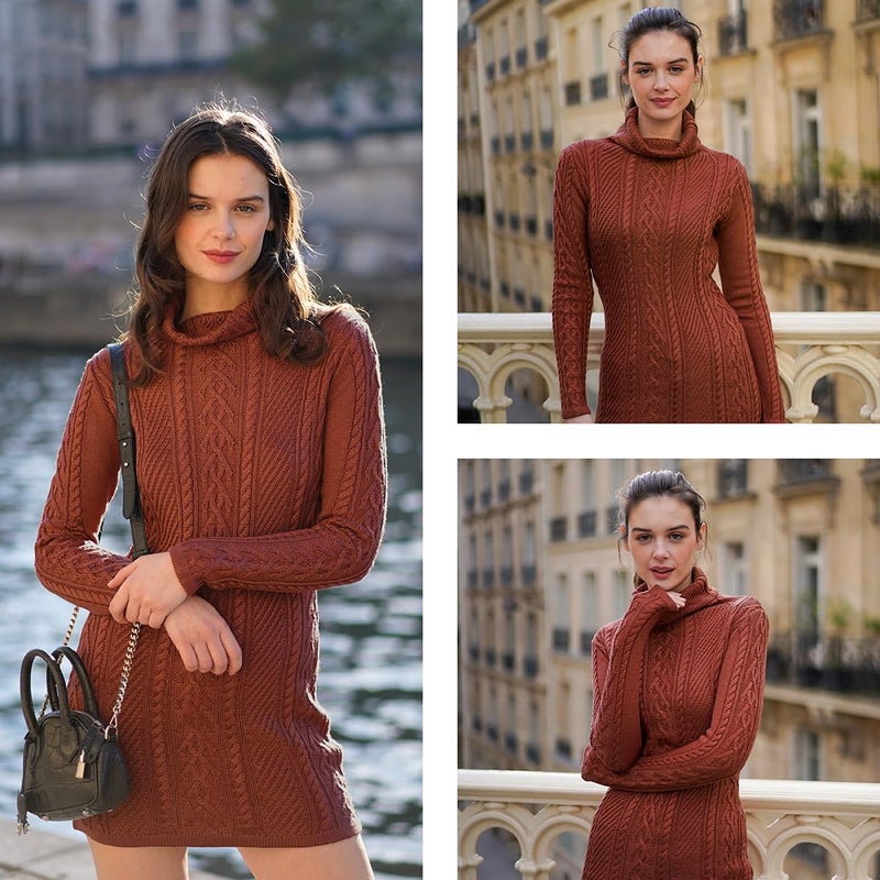 v28 Women Polo Neck Turtleneck Knit Stretchable Elasticity Long Slim Sweater (S,Cinnamon) - Image 5