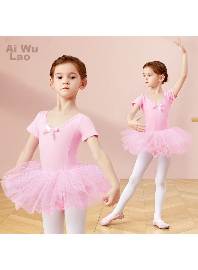 Aiwuge Children's Dance Dress, Girls' Summer Short-sleeve Pink Princess Tulle Skirt, One-piece Practice Costume, Size 150 - Image 2