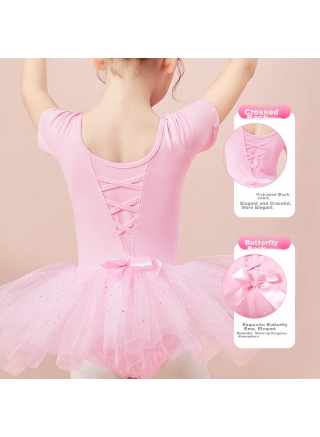 Aiwuge Children's Dance Dress, Girls' Summer Short-sleeve Pink Princess Tulle Skirt, One-piece Practice Costume, Size 150 - Image 3