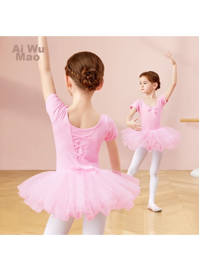 Aiwuge Children's Dance Dress, Girls' Summer Short-sleeve Pink Princess Tulle Skirt, One-piece Practice Costume, Size 150 - Image 1