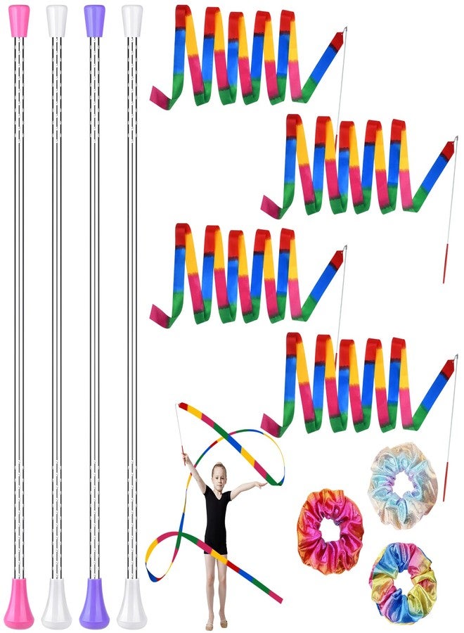 PLULON 4 Pcs Twirling Batons 4 Pcs Ribbon Dancer Wands and 3 Pcs Rainbow Scrunchies for Kids, PLULON 21in Dance Batons For Baton Twirler, Kids' Gymnastics Twirling Baton for Artistic Dance - Image 1