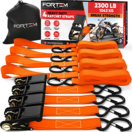 FORTEM Ratchet Straps 2300lb Break Strength 4 Pack 15ft x 1in Tie Down Strap Set 4 Soft Loops Motorcycle Straps Tie Downs Cargo Cam Buckles Rubber Handles Safety Lock S Hooks Carry Bag