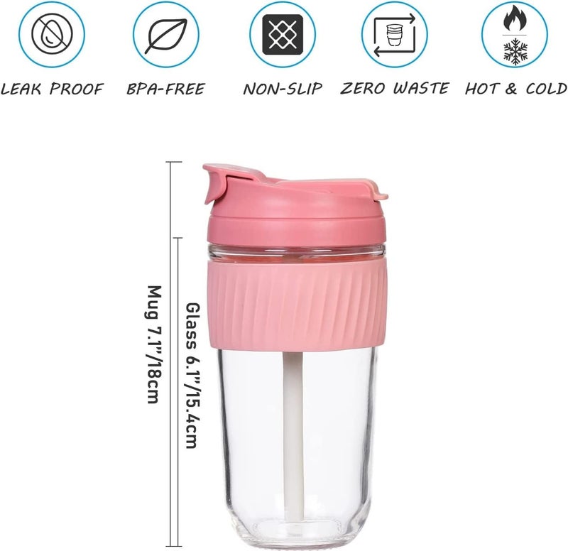 KELVEE Reusable Glass Coffee & Juice Mug Shaker with Lid & Straw Pack of 1, Thick Glass Tumbler 500ml, Anti-Slip Silicone Band, Leak-Proof Travel Cup Sipper for Hot & Cold Drinks (Multicolor) - Image 5