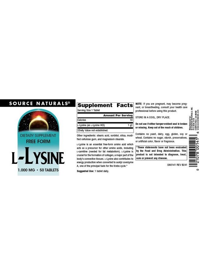 Source Naturals L-Lysine 1000 mg Free Form - Amino Acid Supplement Supports Energy Formation & Collagen - 50 Tablets - Image 4
