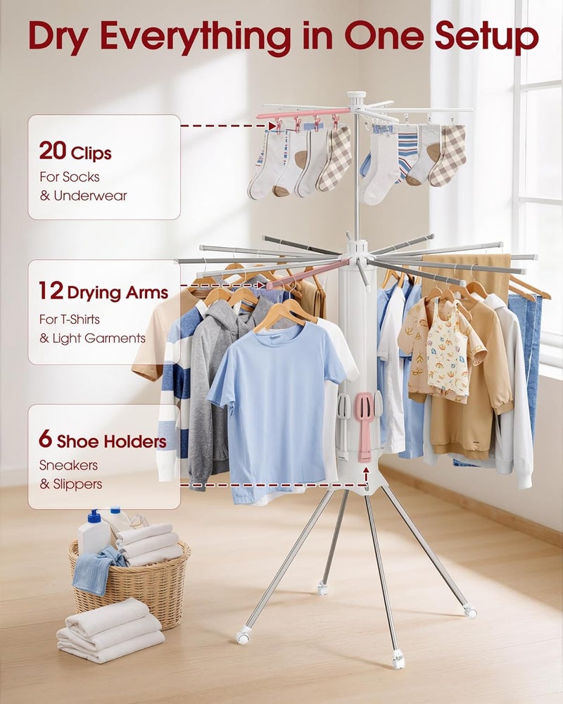 Sakugi Foldable Clothes Drying Rack – Collapsible Laundry Rack with 12 Steel Arms, 4-Leg Stable Base, Reinforced Frame with Clips & Shoe Holders for Indoor Outdoor Use, 44" D x 44" W x 71" H, White - Image 2
