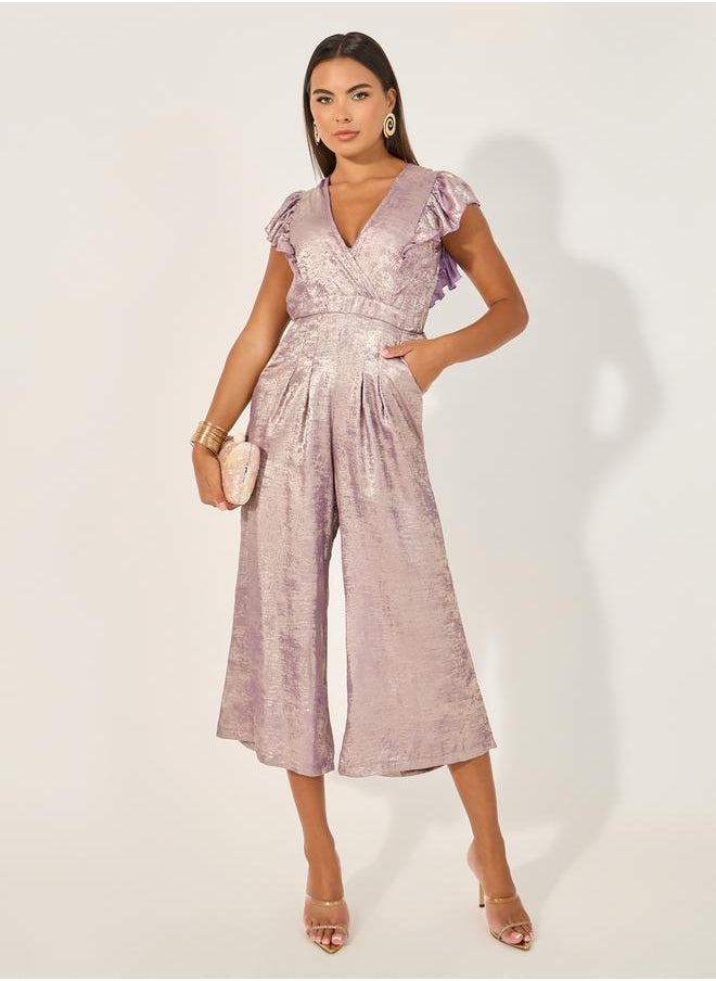 Styli - Shimmer Ruffle Sleeves Wide Leg Jumpsuit - Image 1