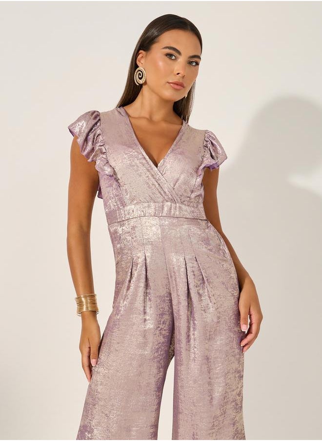 Styli - Shimmer Ruffle Sleeves Wide Leg Jumpsuit - Image 1
