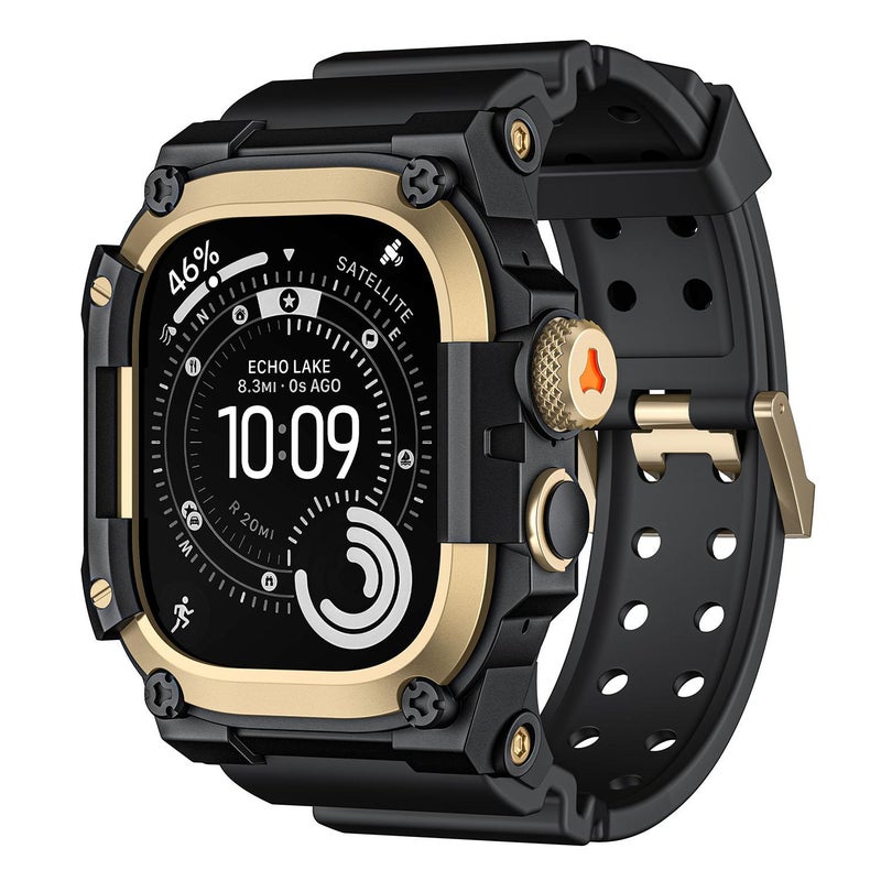 For Apple Watch Ultra 3 / Ultra 2 / Ultra 1 49mm Metal Protective Case One-Piece TPU Watch Band(Gold Black)
