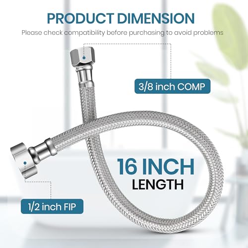 Dreyoo 12 Pack 16 Inch Water Supply Line 38 Comp x 12 FIP Faucet Hose Connector Stainless Steel Braided Faucet Supply Line Extension with 2 Wrenches and 2 Sealing Tapes - Image 3