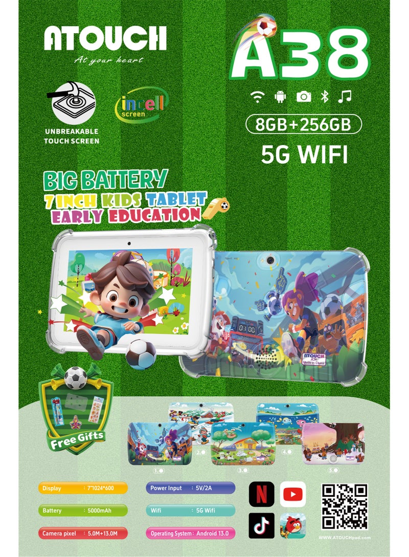 أتتش تابلت أطفال 7 إنش للتعليم المبكر – واي فاي 5G أندرويد 8GB RAM 256GB ROM شاشة لمسية Incell A38-2 مع غلاف سيليكون - Image 4