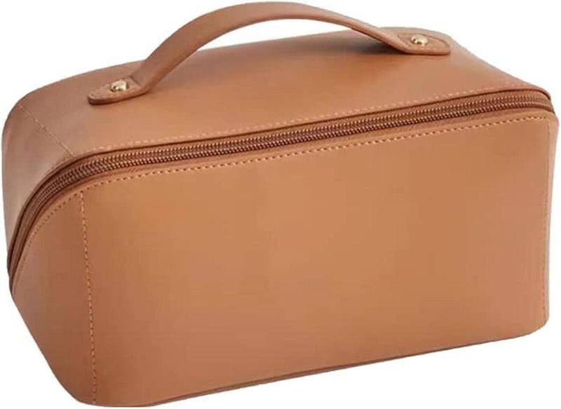 LargeCapacity Travel Cosmetic Bag  Leather Makeup Bag  Waterproof Portable Cosmetic Bag  Multifunctional Storage Makeup Bag  Travel Cosmetic Bag LargeCapacity Design Make UP Brown - Image 1