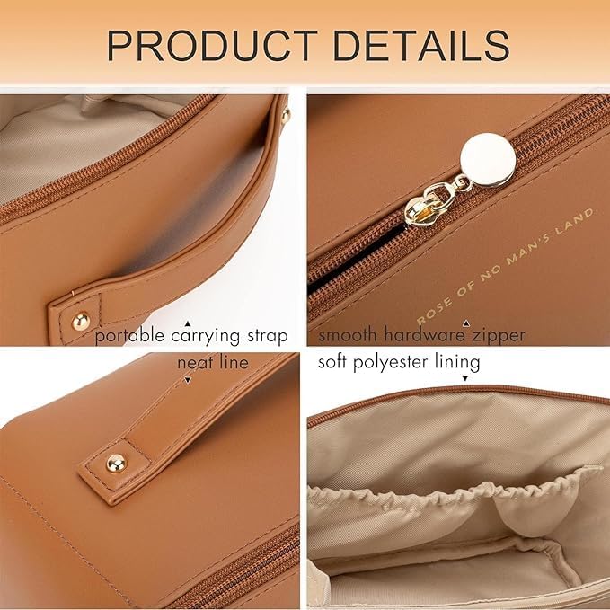 LargeCapacity Travel Cosmetic Bag  Leather Makeup Bag  Waterproof Portable Cosmetic Bag  Multifunctional Storage Makeup Bag  Travel Cosmetic Bag LargeCapacity Design Make UP Brown - Image 5