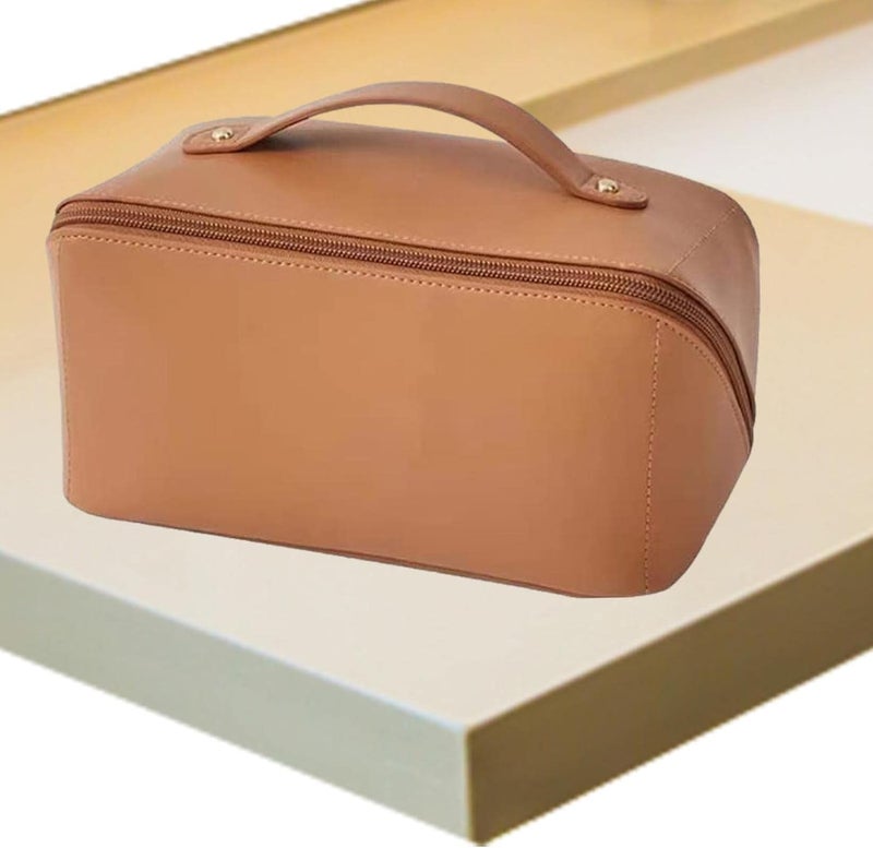 LargeCapacity Travel Cosmetic Bag  Leather Makeup Bag  Waterproof Portable Cosmetic Bag  Multifunctional Storage Makeup Bag  Travel Cosmetic Bag LargeCapacity Design Make UP Brown - Image 4