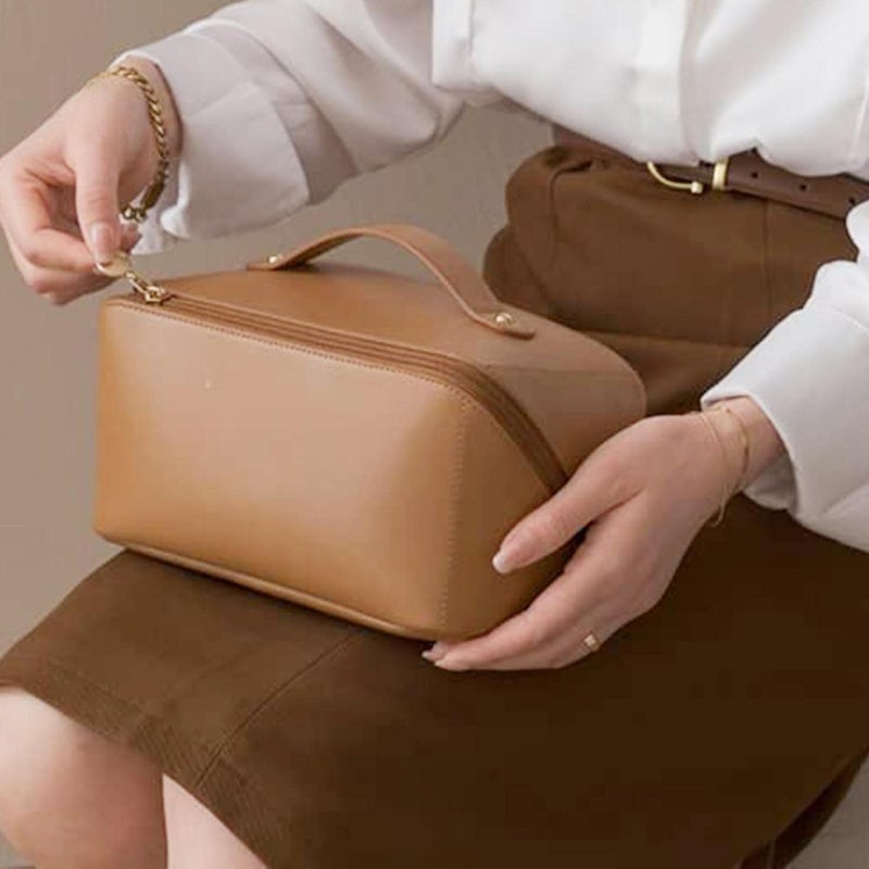 LargeCapacity Travel Cosmetic Bag  Leather Makeup Bag  Waterproof Portable Cosmetic Bag  Multifunctional Storage Makeup Bag  Travel Cosmetic Bag LargeCapacity Design Make UP Brown - Image 3