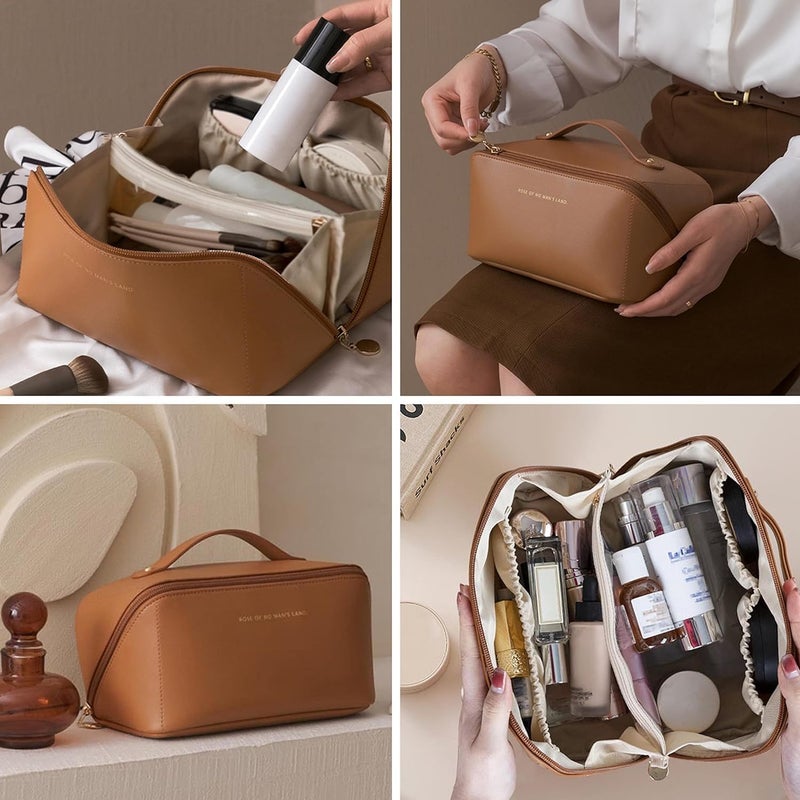 LargeCapacity Travel Cosmetic Bag  Leather Makeup Bag  Waterproof Portable Cosmetic Bag  Multifunctional Storage Makeup Bag  Travel Cosmetic Bag LargeCapacity Design Make UP Brown - Image 2