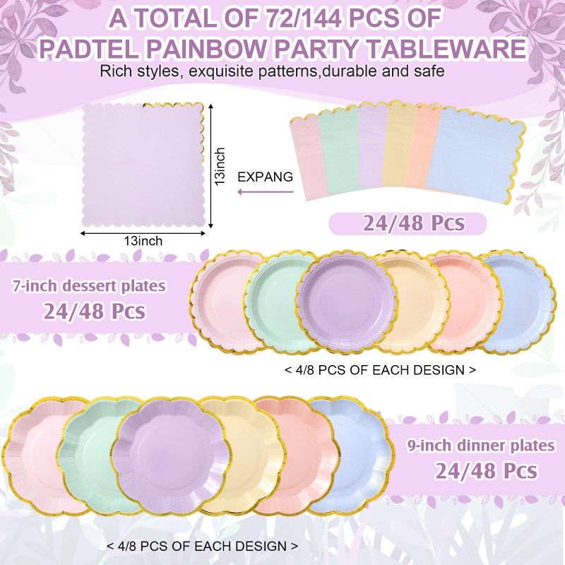 Skybooly 72 Pcs 24 Guests Pastel Plates and Napkins Party Supplies Pastel Scalloped Paper Plates Napkins Rainbow Disposable Tableware for Birthday Baby Shower Wedding Decorations - Image 2