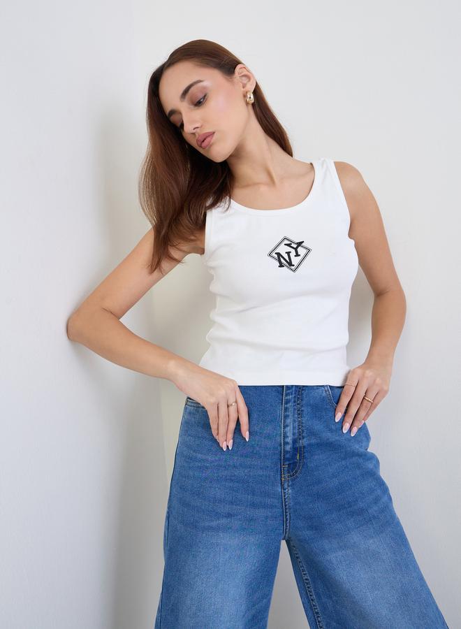 Styli Women Off White Embroidered Fitted Tank - Image 1