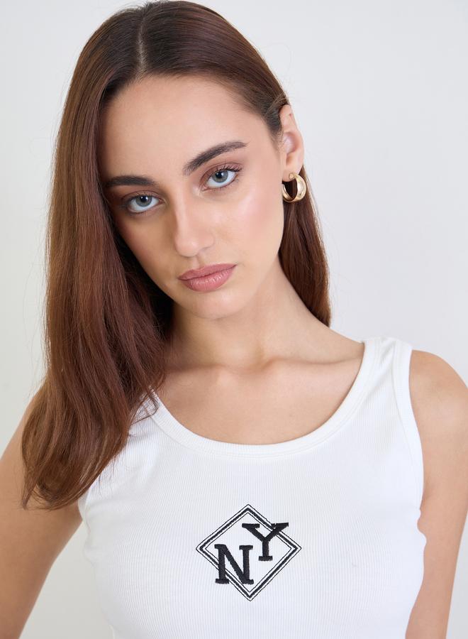 Styli Women Off White Embroidered Fitted Tank - Image 4