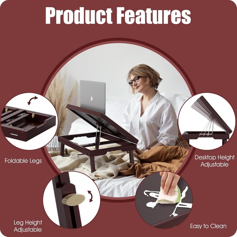 promitop 2 Pack Bamboo Adjustable & Foldable Bed Tray Table with Ergonomic Handle, 17x12in Breakfast Tray for Eating, Laptop Desk, Sofa Snacking, Non-Slip Surface (Mahogany) - Image 3