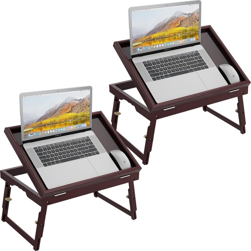 promitop 2 Pack Bamboo Adjustable & Foldable Bed Tray Table with Ergonomic Handle, 17x12in Breakfast Tray for Eating, Laptop Desk, Sofa Snacking, Non-Slip Surface (Mahogany) - Image 1